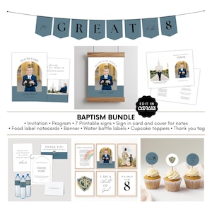 May include: A baptism bundle featuring stationery items such as invitations, programs, and thank you tags. The design includes a photo of a young person in a suit and the text "The Great 8". Also includes food labels, banners, water bottle labels, and cupcake toppers.
