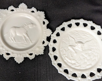 2 lovely Vintage White Milk Glass plates Contrary Mule and Cherub with mandolin