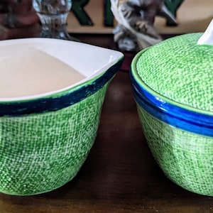 Beautiful Stangl Pottery Green Tweed and Navy Blue Glazed Sugar Bowl with Lid & Creamer