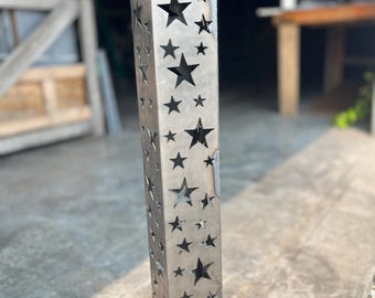 Garden Column w/Solar Lighted Top -Garden Pillar - Patriotic Star Pattern / Metal Decor / Outdoor Decor / Lighted Column / Yard Luminary