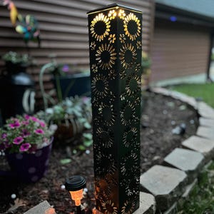 Garden Column w/Solar Lighted Top -Garden Pillar - Sunflower Pattern / Metal Decor / Outdoor Decor / Lighted Column / Yard Luminary /