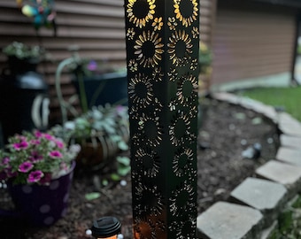Garden Column w/Solar Lighted Top -Garden Pillar - Sunflower Pattern / Metal Decor / Outdoor Decor / Lighted Column / Yard Luminary /
