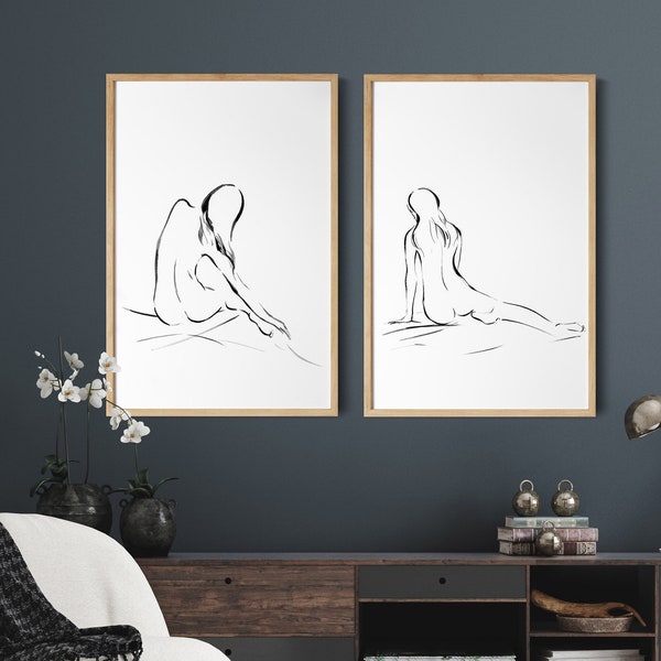 Woman Figure Nude Line Drawing 2 Fine Art Prints Set, Minimalist Wall Prints, Nude Art, Black and White Modern Wall Decor Wall Decor Prints