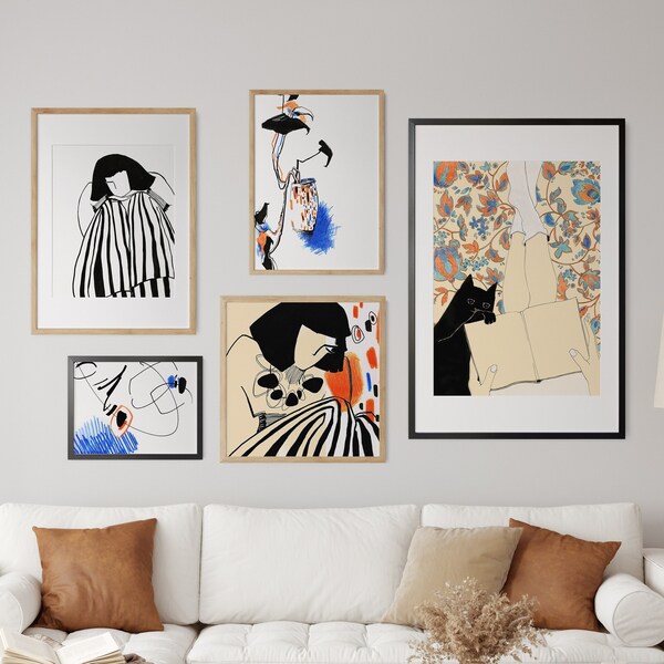 Framed Retro Mid Century Style Gallery Wall of 5 Fine Art Prints, Framed and Matted Ready to Hang Eclectic Wall Decor Direct from the Artist