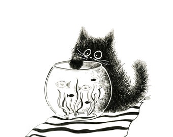 Cat and Aquarium Illustration, Cat Wall Art Print, Ink Drawing, Funny Cat Art, Cute Cat Wall Decor, Black and White Cat Drawing, Cat Print