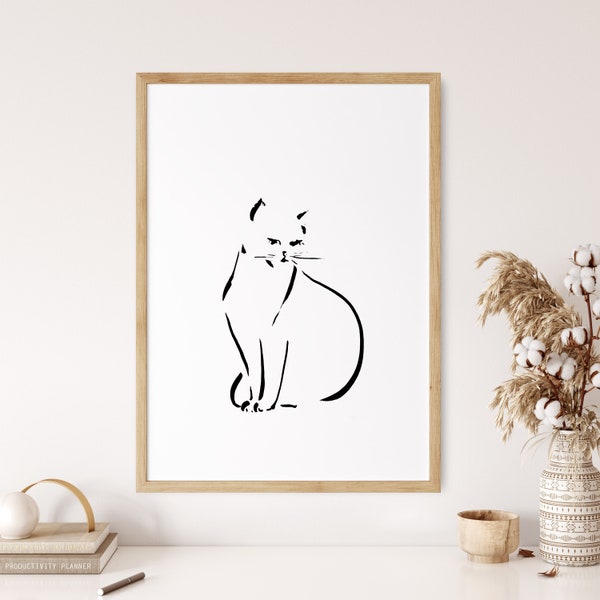 Cat Line Art, Cat Drawing, Black and White, Black Cat, Minimalist Wall Art, Ink Drawing, Cat Painting, Fine Art Prints, Pet Wall Decor Print