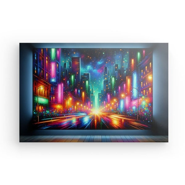 Neon-Metropole - Leuchtender Stadtbild-Leinwanddruck