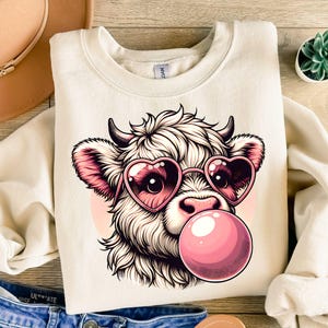 Highland Cow Blowing Bubble png Highland Cow PNG Cute Animal Sublimation design Woman T-Shirt png Cow png Trending png Highland Clipart