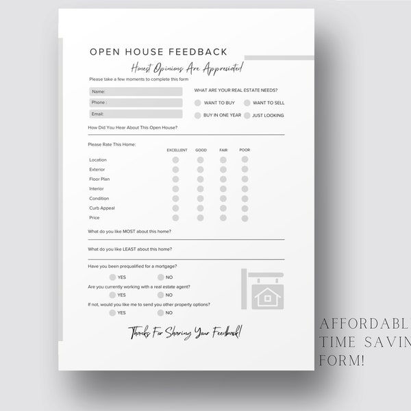 Open House Feedback Form For Real Estate Brokers Opinion Feedback Sheet for Open Realtor House Event Questions Form Real estate Printable