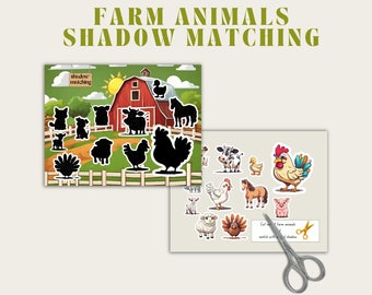 Farm animals Shadow Matching for Busy Book Printable For Toddler Activity Busy book Montessori learning  Activity Book for Kids Printables