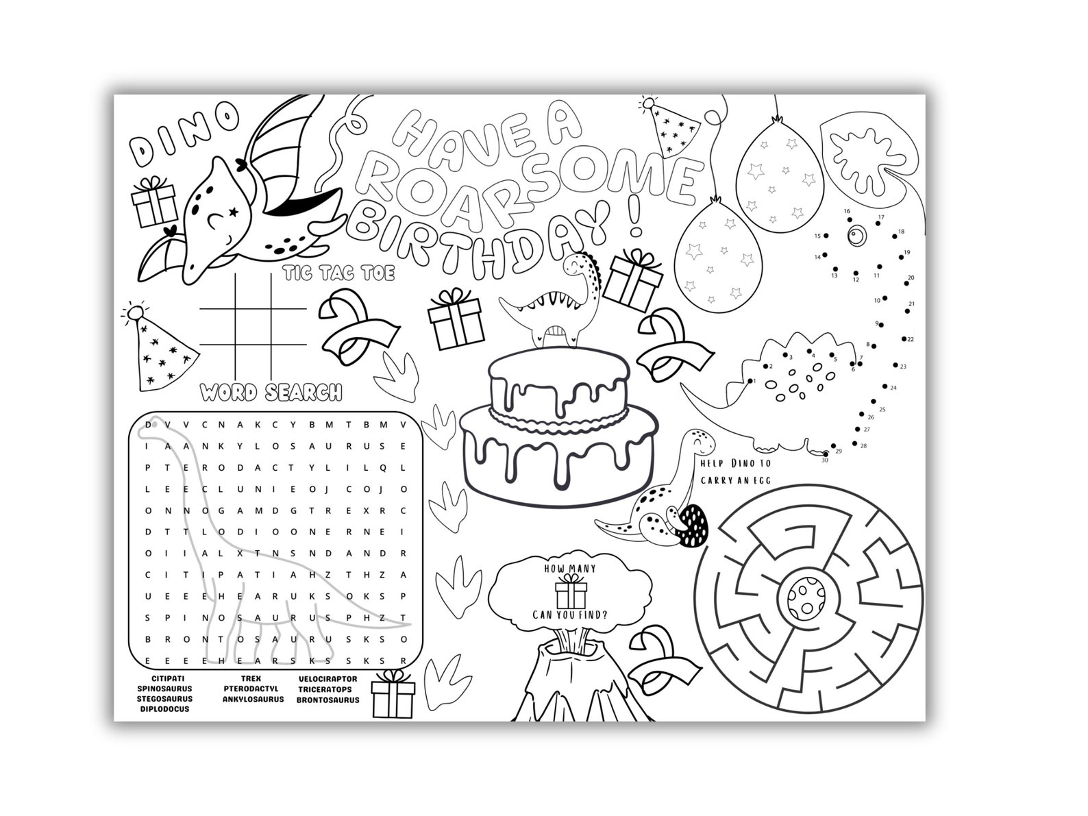 Dinosaur Birthday Theme Party Activity Placemat Coloring for Kids ...