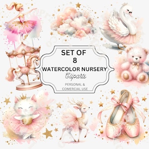 Watercolor Pink Carousel Clipart Whimsical Ballerina Carousel Magical Graphic Vintage Carousel Pony Nursery PNG Baby shower Clipart