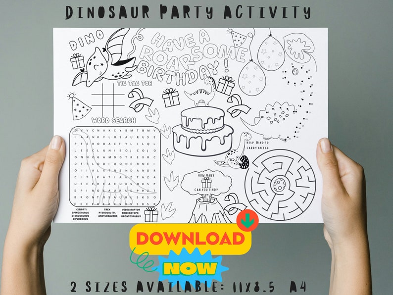 Dinosaur Birthday Theme Party Activity Placemat Coloring for Kids ...