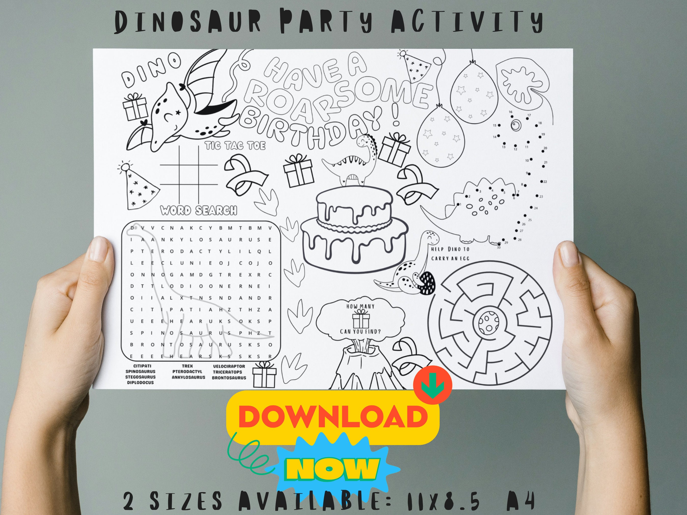 Dinosaur Birthday Theme Party Activity Placemat Coloring for Kids ...