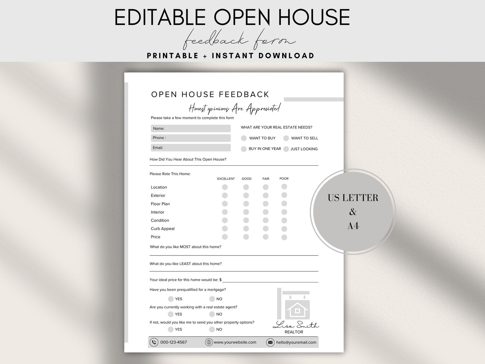 Editable Open House Feedback Form Template for Real Estate Buyer Feedback Questionnaire Broker ...