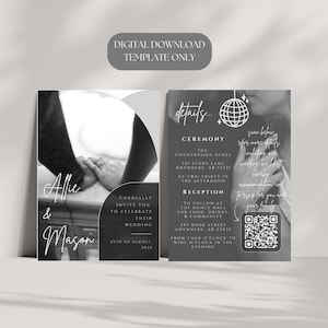Modern Arch Design Wedding Invitation Template, Black and White Design, Downloadable Canva Customizable Template