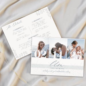 Floral Strand Thema Hochzeitseinladung Vorlage, Blau und Weiß, doppelseitig mit Fotos