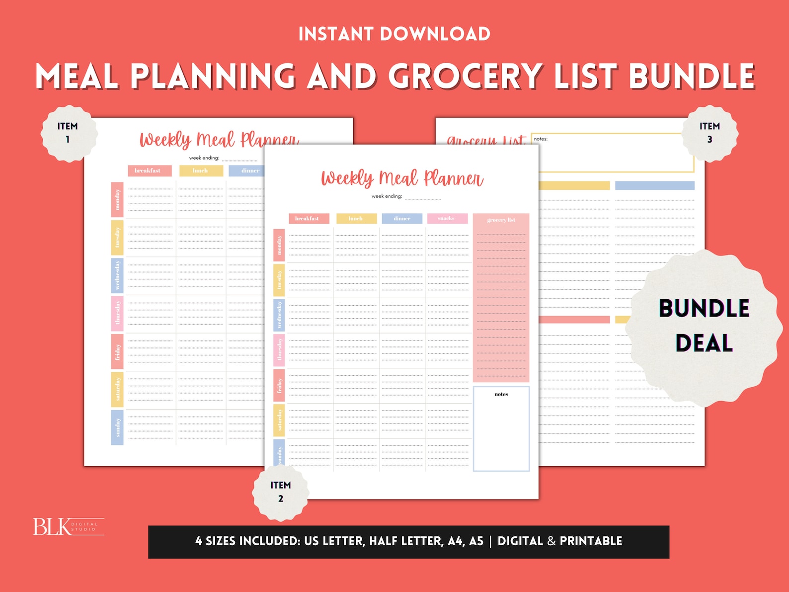 Printable Meal Planner and Grocery List BUNDLE | Weekly Food Diary ...