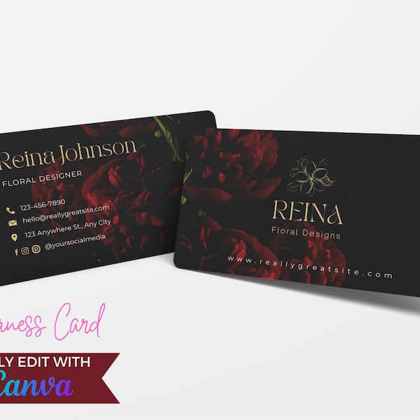 Floral Elegant Business Card DIY Sophisticated Beautiful Business Card Black and Red Flower Business Card Minimalistic Business Card