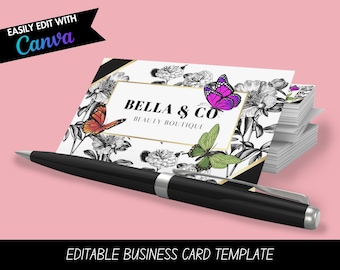 Może przedstawiać: Edytowalny szablon wizytówki z kwiatowym wzorem i motylami. Tekst na wizytówce brzmi "Bella & Co. Beauty Boutique".