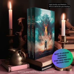 May include: A book cover mockup titled "The Conquest" with a fantasy theme, featuring a dragon and warrior. The image includes lit candles, antique brass candle holders, and a small brass pitcher, creating a vintage aesthetic.