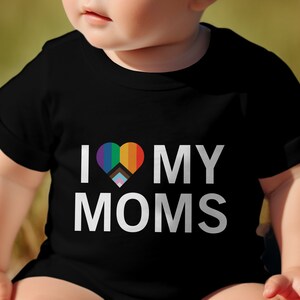 Kids&#39; Pride T-Shirts, Rainbow Heart Tshirt, I Love My Moms, LGBTQ+ Tee, Expressive Children&#39;s Shirt, Baby Short Sleeve Tshirt, Family Pride