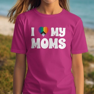Kids&#39; Rainbow Heart Pride Tshirt, I Love My Moms, LGBTQ+ Tee, Expressive Children&#39;s Shirt, Lesbian Family Gift Shirt, Celebrate All Families