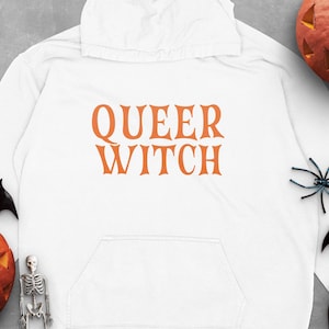 Queer Witch Halloween Sweatshirt Lesbian Halloween Sweater Queer All Gender Sizing Hoodie LGBTQ Pride Halloween Trick Or Treat Sweatshirt