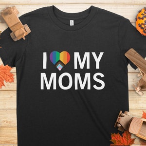 Kids&#39; Rainbow Heart Pride T-Shirt, I Love My Moms, LGBTQ+ Tee, Expressive Children&#39;s Shirt, Pride Family Apparel