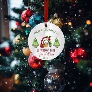 Personalized Round Metal Christmas Ornament First Christmas At Custom Address Festive Trees Rainbow Mistletoe Custom Names Year Housewarming