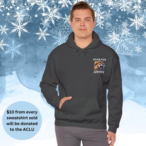 May include: A dark gray hooded sweatshirt with a lion graphic and the text "Roar for Justice".