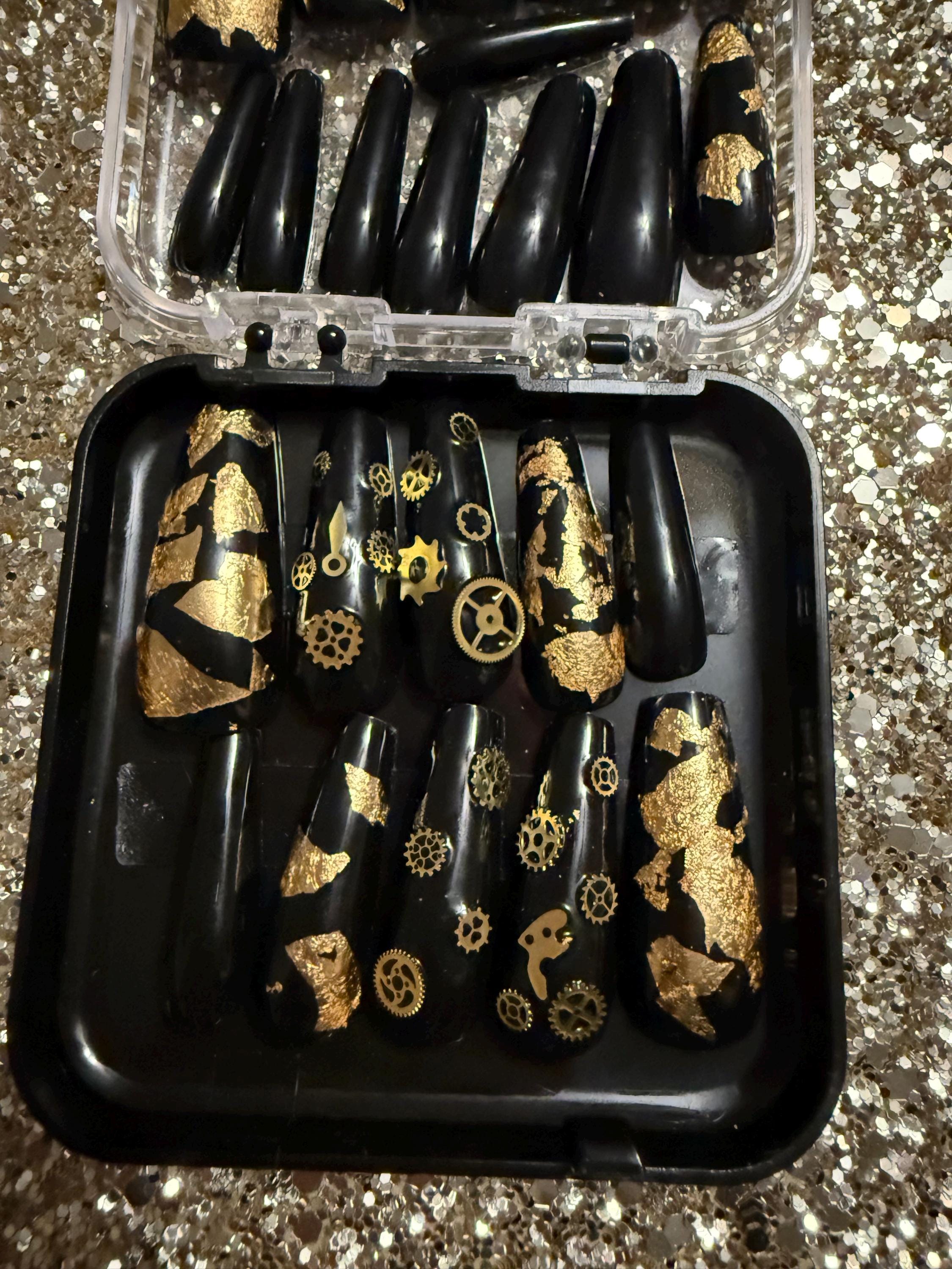 Steampunk acrylic nails with gel polish and designs handmade