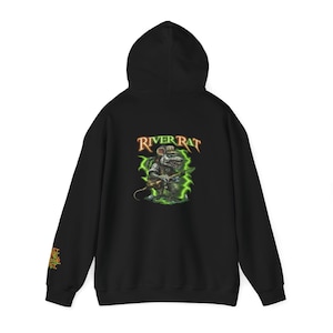 May include: Black hooded sweatshirt with a green and orange graphic of a rat holding a gun. The text "River Rat" is above the rat.