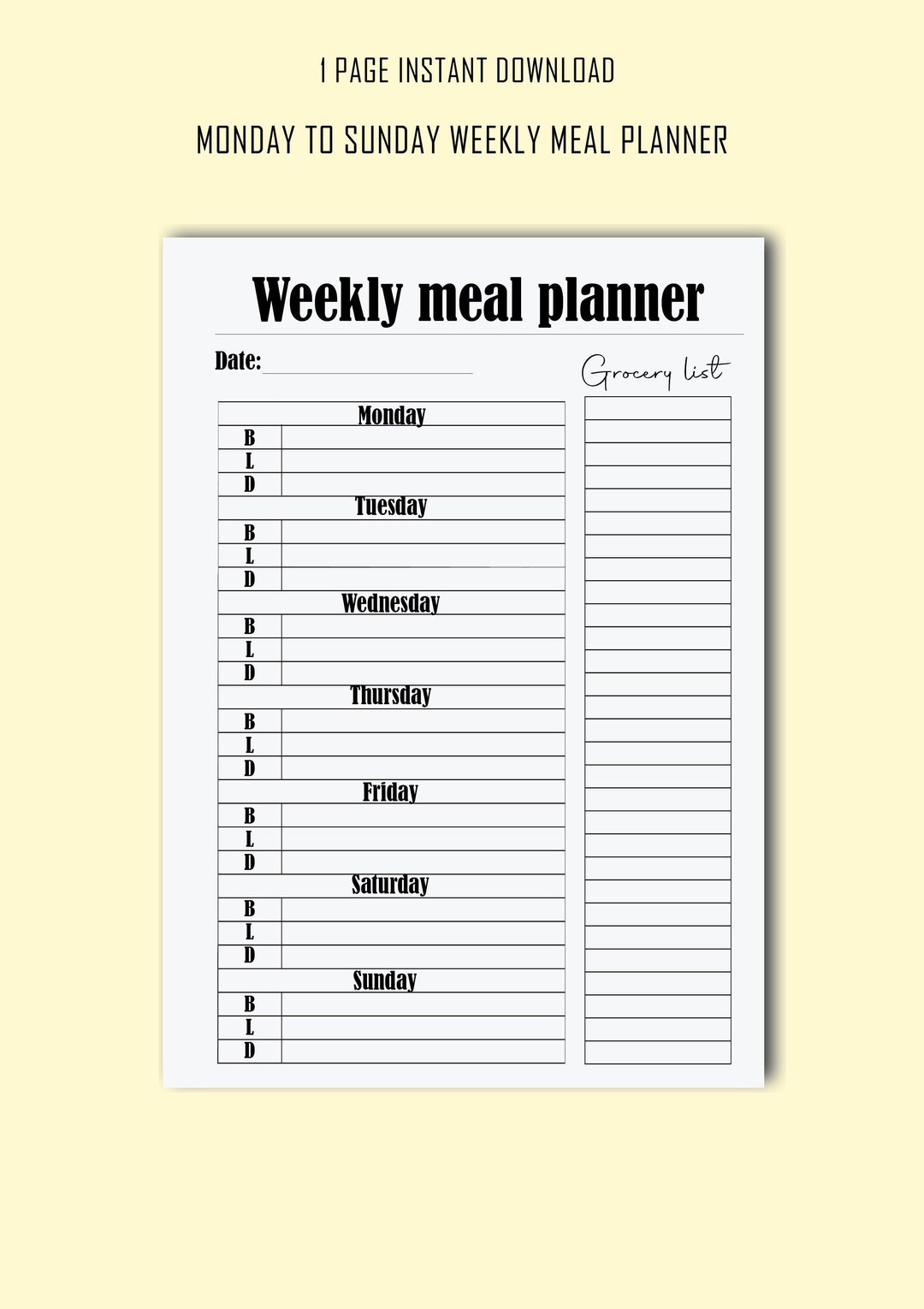 Printable Weekly Planner | Meal Planner Printable | Black and White - Etsy