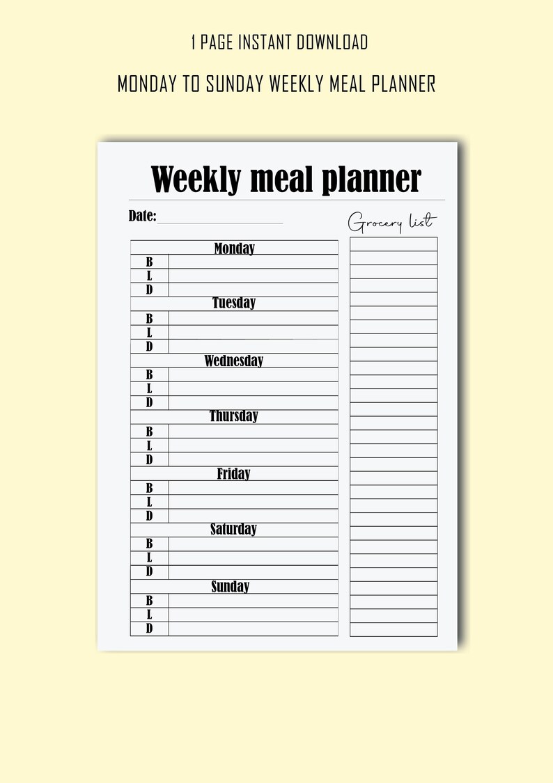 Printable Weekly Planner | Meal Planner Printable | Black and White - Etsy