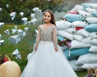 Robe ceremonie fille bouquet de mariée Illusion avec dos nu Manches longues Robes enfant