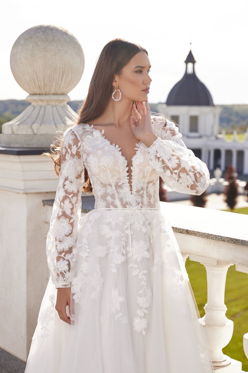 Boho White A-Line Bridal Gown with Lace Sleeves and Flowing Chiffon Skirt