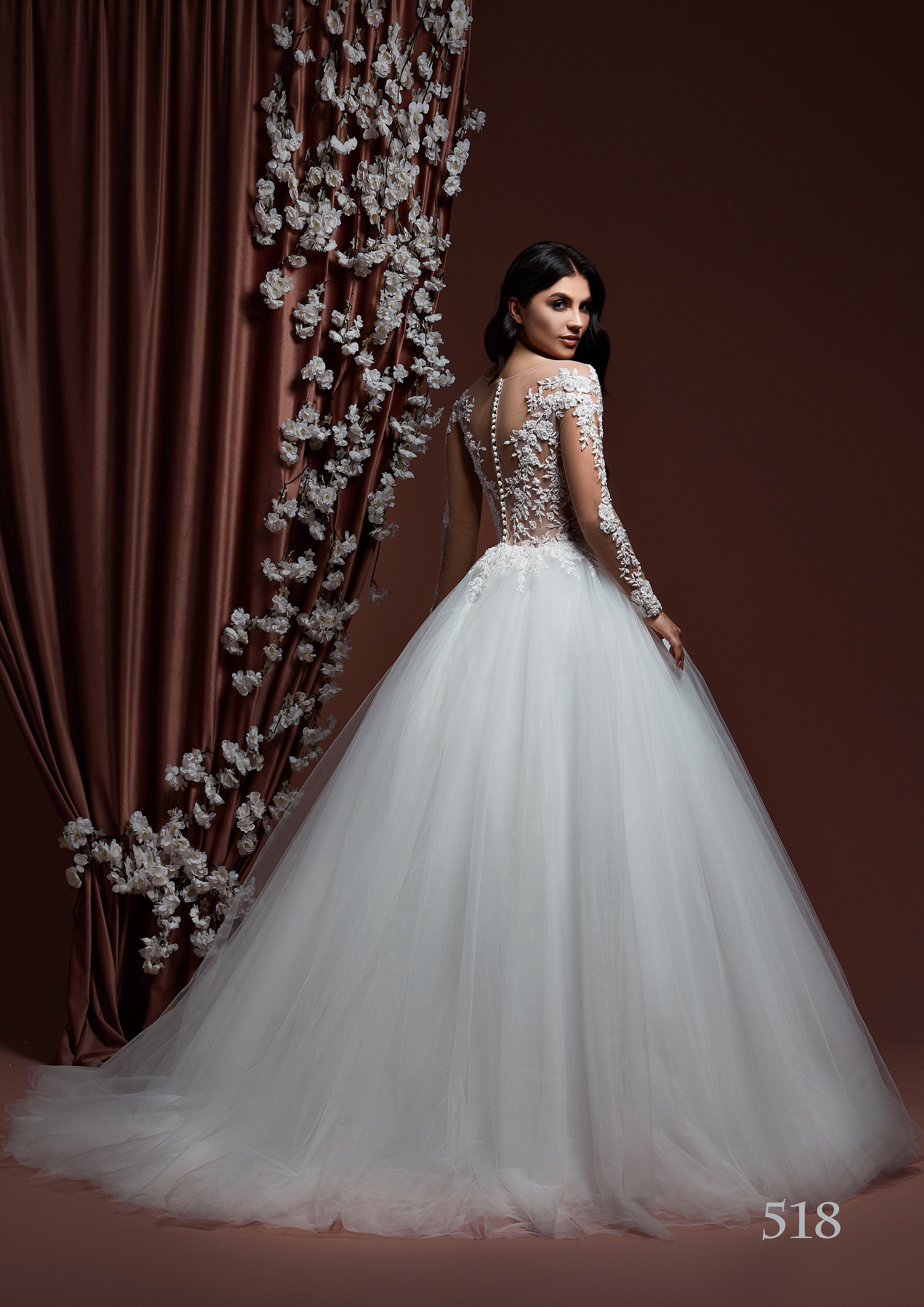 A-line Boho Cold Shoulder Long Sleeve Starry Lace Tulle Bridal Wedding Dress