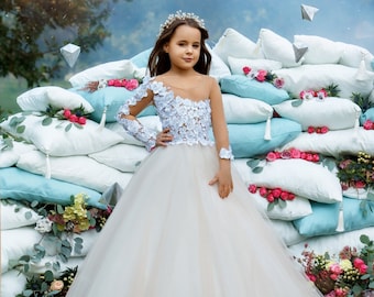 Robe Flower Girl Robe assortie Manches longues Dentelle florale