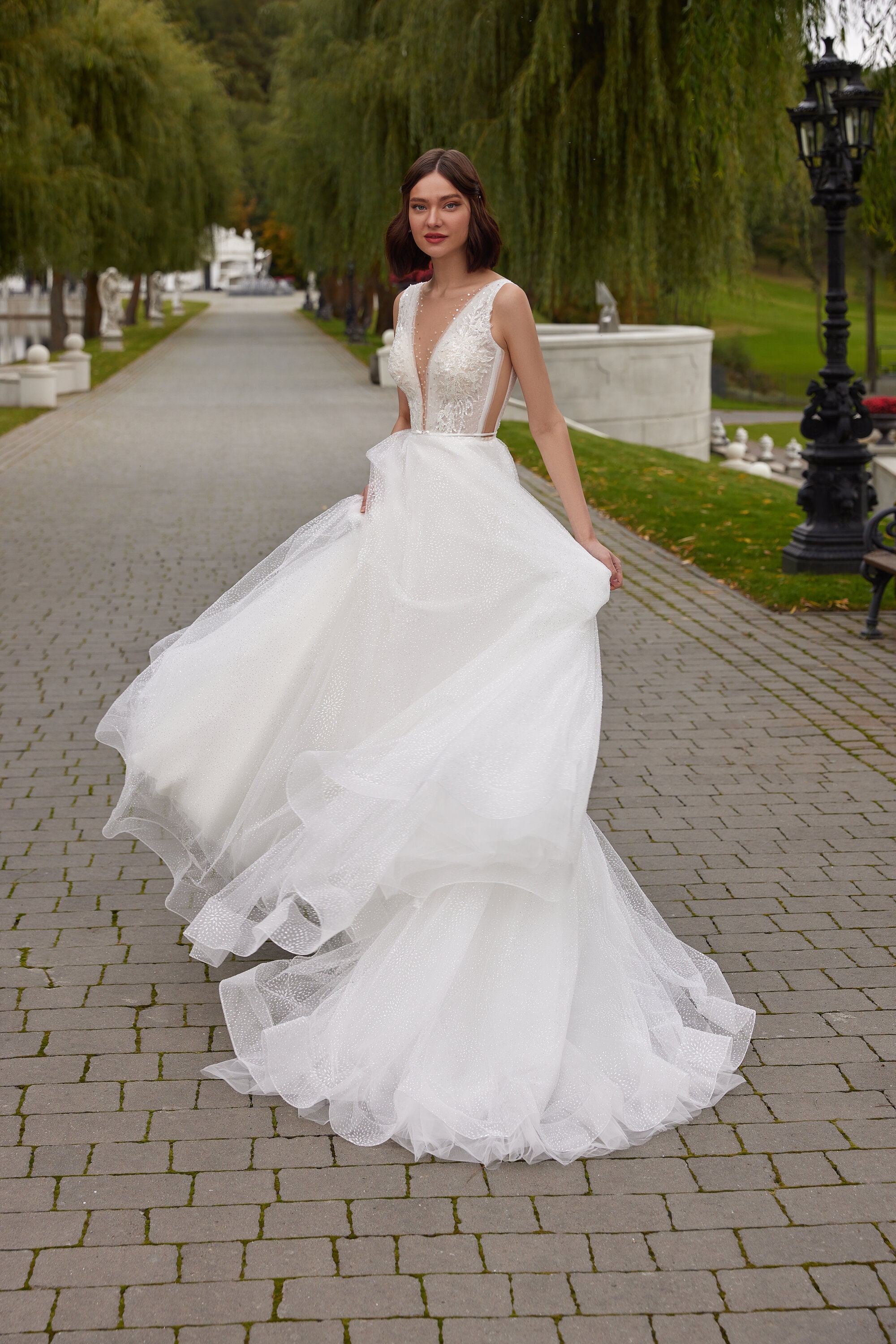 Floor Length Wedding Dress with Double V-Neck Bowknot Back main image 1