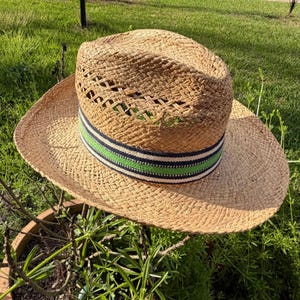 Tan Straw Sun Hat with Green and Navy Stripe Band Ozark Straw Hat – Colosseum Athletics main image 3