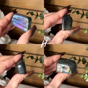 May include: Four images of polished labradorite crystals. The crystals display a range of colors, including blues, purples, and iridescent flashes. The crystals are held in a hand, showcasing their shape and natural beauty. The background is a wooden surface with greenery.