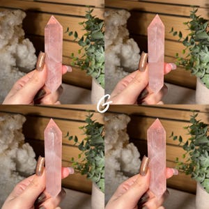 May include: Four images of a pink rose quartz crystal point. The crystal is held in a hand, with a green plant and white crystal formation in the background. The crystal is a pale pink color and has a pointed tip.