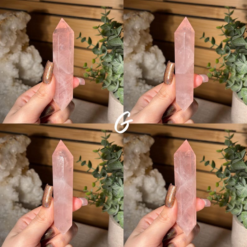 May include: Four images of a pink rose quartz crystal point. The crystal is held in a hand, with a green plant and white crystal formation in the background. The crystal is a pale pink color and has a pointed tip.