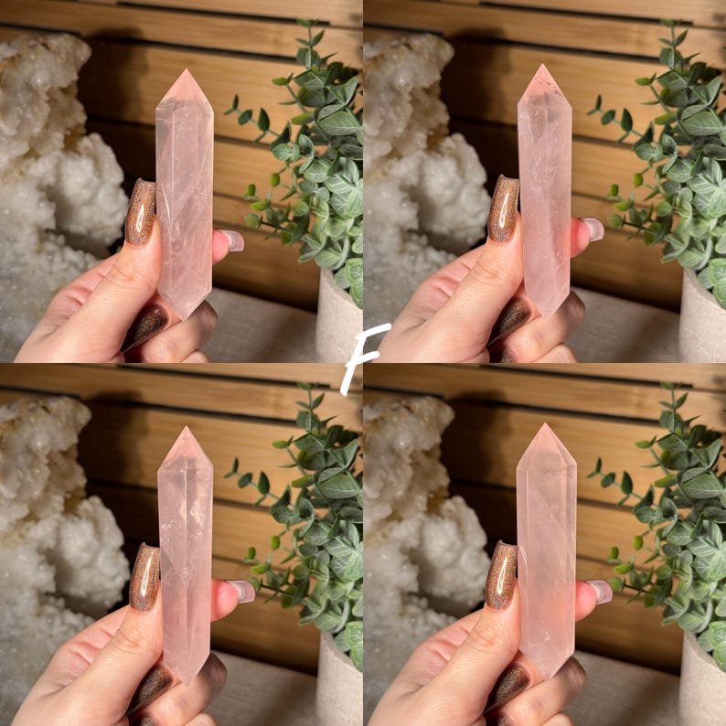 May include: Four images of a pink rose quartz crystal point. The crystal is held in a hand with a glittery nail. The crystal is a pale pink color and has a pointed tip. The background includes greenery and a wooden surface.
