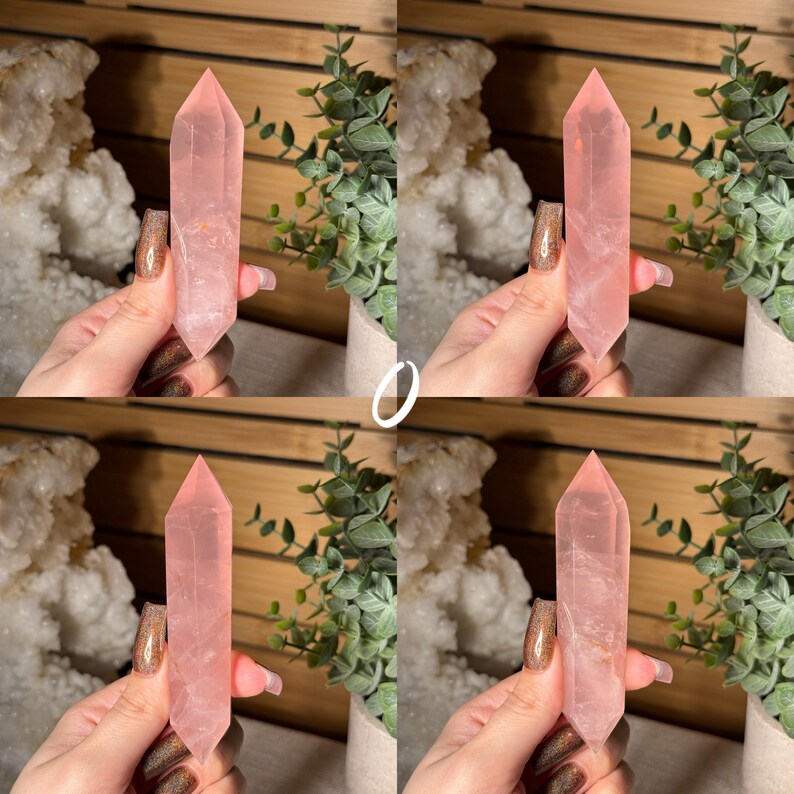 May include: Four images of a pink rose quartz crystal point. The crystals are held in front of a wooden background with green plants and a white geode. The crystals are a light pink color and have a pointed tip.