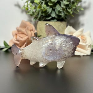 Large Druzy Agate Shark Crystal Carving High Quality Druzy Quartz Crystal Shark Standing Shark Animal Carving Dendritic Agate Shark Gift