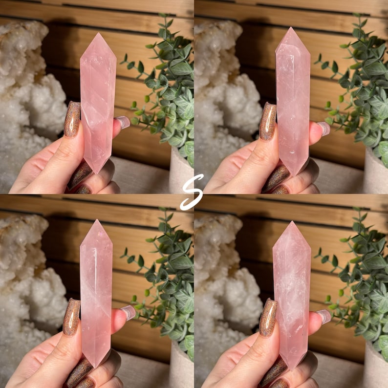 May include: Four images of a pink rose quartz crystal point. The crystals are held up against a background of greenery and white rock formations. The crystals are a pale pink color and have a pointed tip.