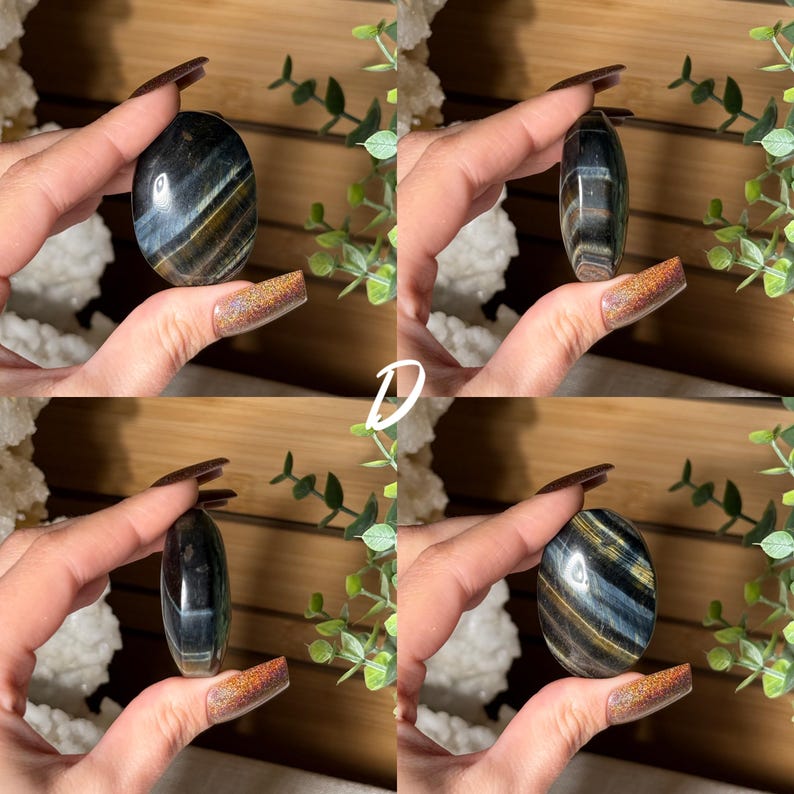 May include: Four images of an oval-shaped polished stone with blue, black, and gold bands. The stone is held in a hand against a wooden background with greenery. The letter "D" is in white in the center of the image.