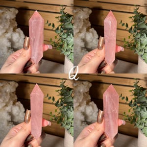 May include: Four images of a pink rose quartz crystal point. The crystals are held in hands, showcasing their polished, faceted surfaces. The background includes greenery and a white, textured element, with the letter "Q" in white.